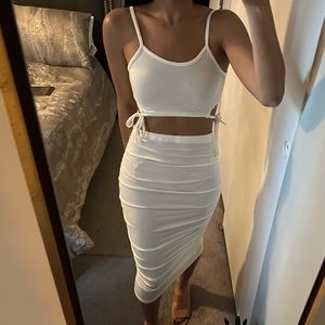 NEW "Be Mine" Sexy White Cut-out Crop Top & Ruched Midi Skirt Set